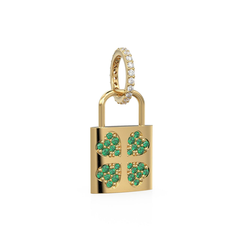 18K Solid Yellow Gold Emerald Padlock Charm, Diamond Clover Pendant, Lucky Irish Gold Jewelry, Gift for Her or Him, Italian Gold Lock