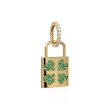 Load image into Gallery viewer, 18K Solid Yellow Gold Emerald Padlock Charm, Diamond Clover Pendant, Lucky Irish Gold Jewelry, Gift for Her or Him, Italian Gold Lock