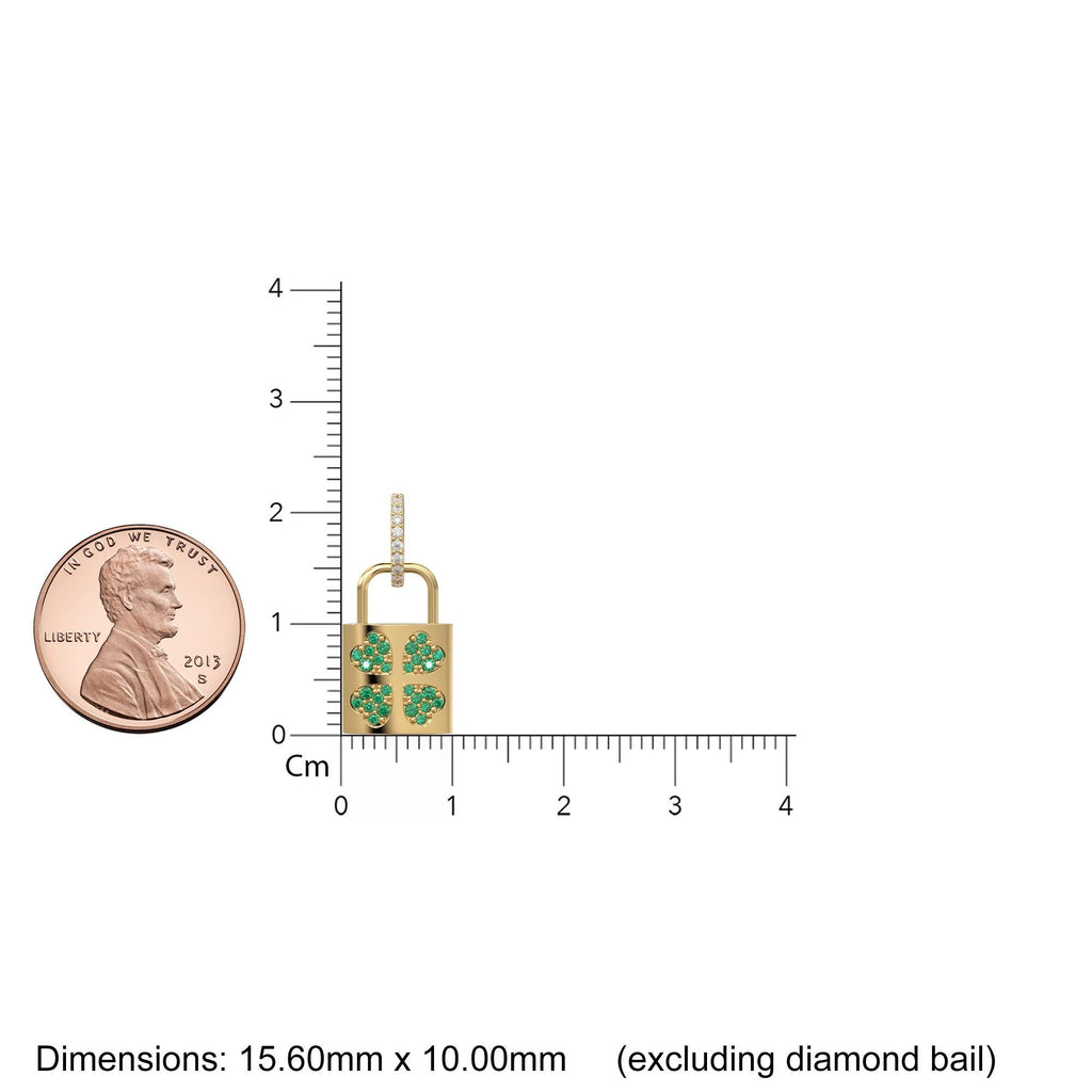 18K Solid Yellow Gold Emerald Padlock Charm, Diamond Clover Pendant, Lucky Irish Gold Jewelry, Gift for Her or Him, Italian Gold Lock