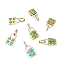 Load image into Gallery viewer, 18K Solid Yellow Gold Emerald Padlock Charm, Diamond Clover Pendant, Lucky Irish Gold Jewelry, Gift for Her or Him, Italian Gold Lock
