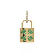 Load image into Gallery viewer, 18K Solid Yellow Gold Emerald Padlock Charm, Diamond Clover Pendant, Lucky Irish Gold Jewelry, Gift for Her or Him, Italian Gold Lock
