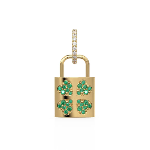 18K Solid Yellow Gold Emerald Padlock Charm, Diamond Clover Pendant, Lucky Irish Gold Jewelry, Gift for Her or Him, Italian Gold Lock
