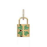 18K Solid Yellow Gold Emerald Padlock Charm, Diamond Clover Pendant, Lucky Irish Gold Jewelry, Gift for Her or Him, Italian Gold Lock