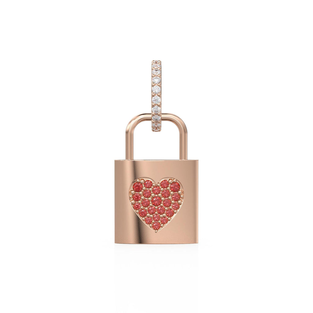 18k Solid Gold Red Ruby Heart Padlock Charm Pendant, Pavé Lock Pendant Heart Design, Luxury Gold Ruby Jewelry for Necklace or Bracelet