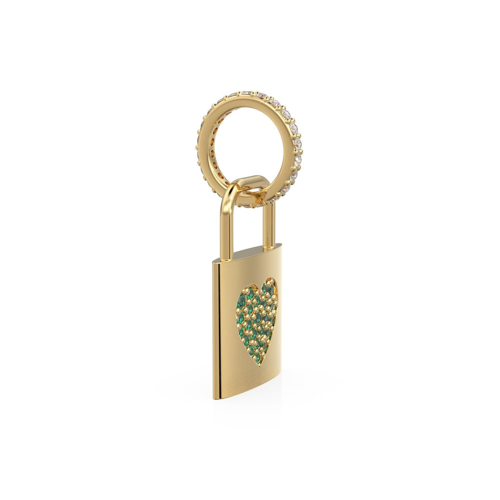 18k Solid Gold Emerald Heart Padlock Charm Pendant, Pavé Lock Pendant Heart Design, Luxury Gold Emerald Jewelry for Necklace or Bracelet May