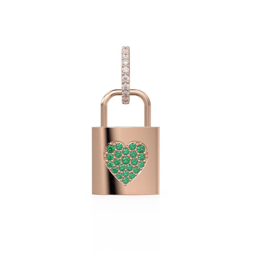 18k Solid Gold Emerald Heart Padlock Charm Pendant, Pavé Lock Pendant Heart Design, Luxury Gold Emerald Jewelry for Necklace or Bracelet May