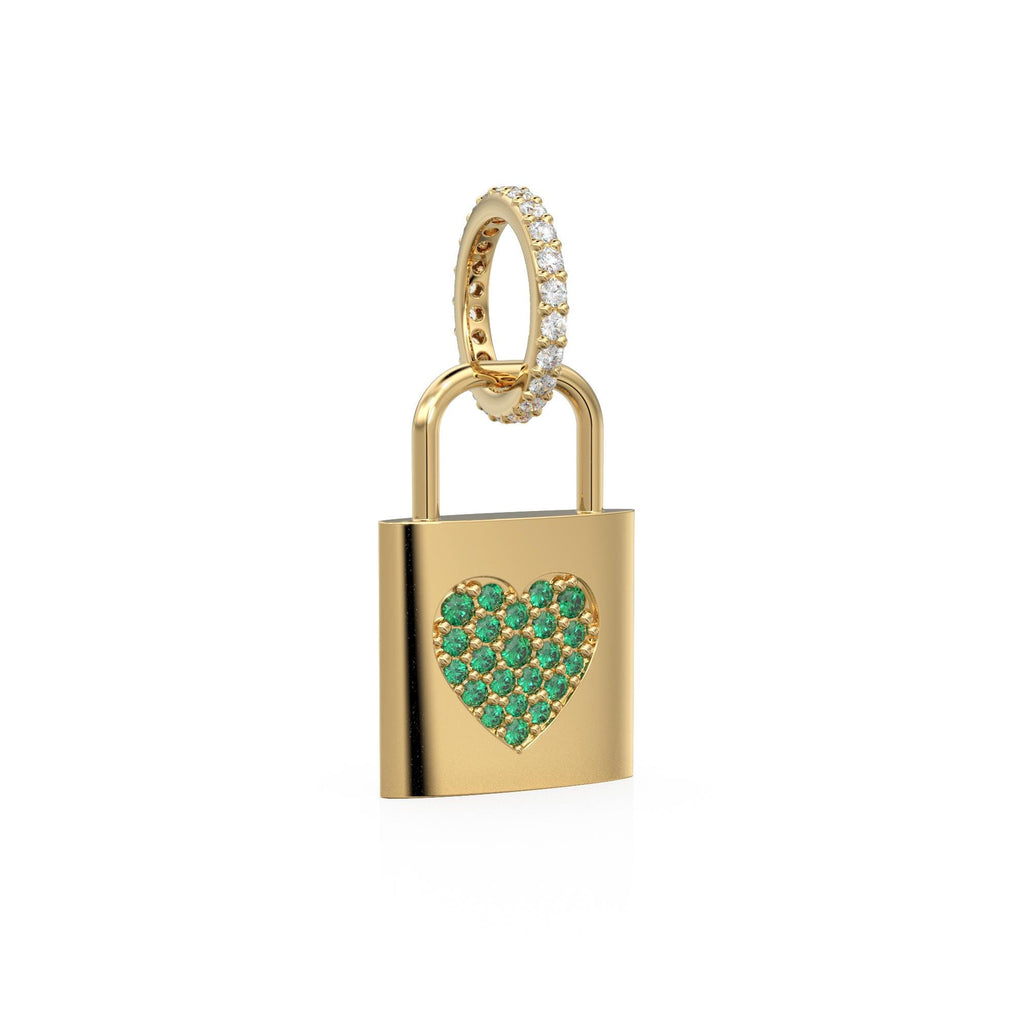 18k Solid Gold Emerald Heart Padlock Charm Pendant, Pavé Lock Pendant Heart Design, Luxury Gold Emerald Jewelry for Necklace or Bracelet May