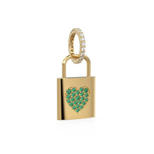 Load image into Gallery viewer, 18k Solid Gold Emerald Heart Padlock Charm Pendant, Pavé Lock Pendant Heart Design, Luxury Gold Emerald Jewelry for Necklace or Bracelet May