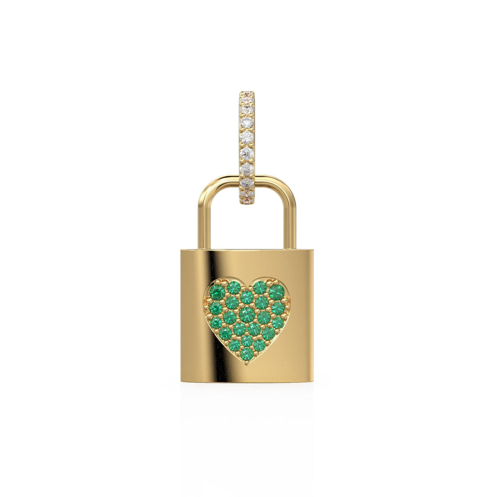 18k Solid Gold Emerald Heart Padlock Charm Pendant, Pavé Lock Pendant Heart Design, Luxury Gold Emerald Jewelry for Necklace or Bracelet May