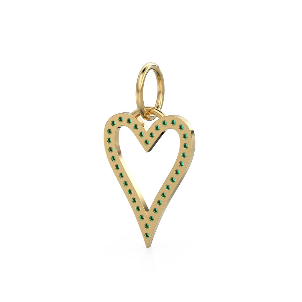 14K Solid Gold Heart Pendant With Natural Emeralds, Open Outline Charm, Dainty Gemstone Jewelry, May Birthstone, Anniversary Gift For Her