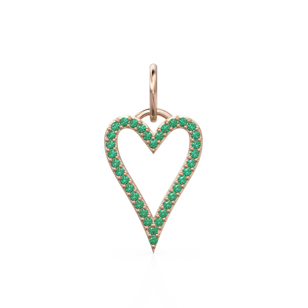 14K Solid Gold Heart Pendant With Natural Emeralds, Open Outline Charm, Dainty Gemstone Jewelry, May Birthstone, Anniversary Gift For Her