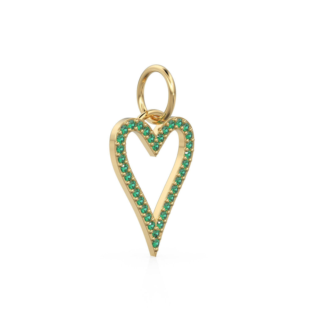 14K Solid Gold Heart Pendant With Natural Emeralds, Open Outline Charm, Dainty Gemstone Jewelry, May Birthstone, Anniversary Gift For Her