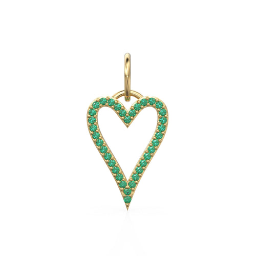 14K Solid Gold Heart Pendant With Natural Emeralds, Open Outline Charm, Dainty Gemstone Jewelry, May Birthstone, Anniversary Gift For Her