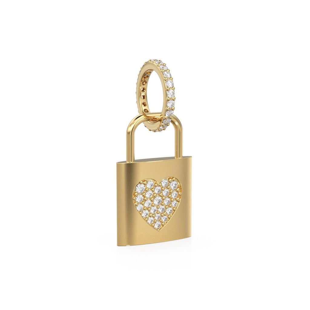 18k Solid Gold Diamond Heart Padlock Charm Pendant, Pavé Lock Pendant Heart Design, Luxury Gold Diamond Jewelry for Necklace or Bracelet