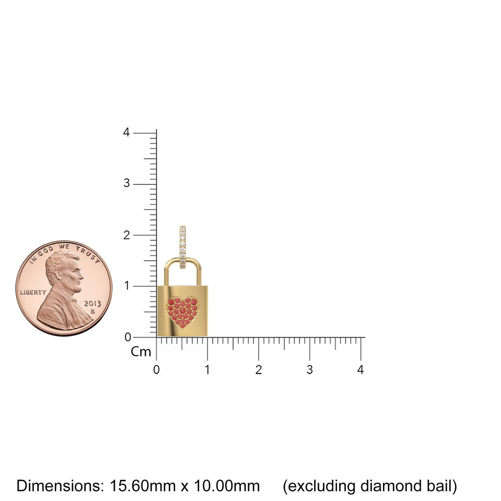 18k Solid Gold Red Ruby Heart Padlock Charm Pendant, Pavé Lock Pendant Heart Design, Luxury Gold Ruby Jewelry for Necklace or Bracelet