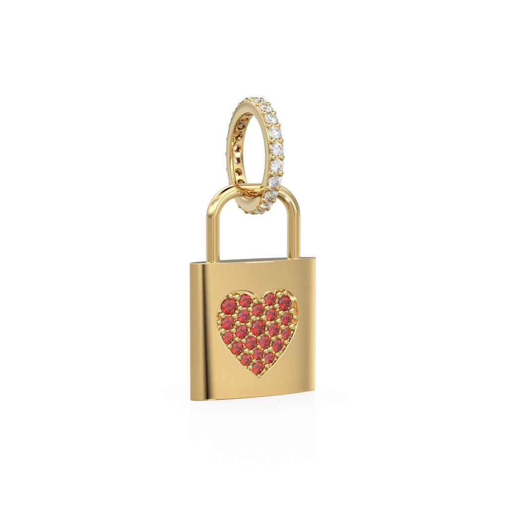 18k Solid Gold Red Ruby Heart Padlock Charm Pendant, Pavé Lock Pendant Heart Design, Luxury Gold Ruby Jewelry for Necklace or Bracelet