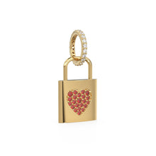 Load image into Gallery viewer, 18k Solid Gold Red Ruby Heart Padlock Charm Pendant, Pavé Lock Pendant Heart Design, Luxury Gold Ruby Jewelry for Necklace or Bracelet