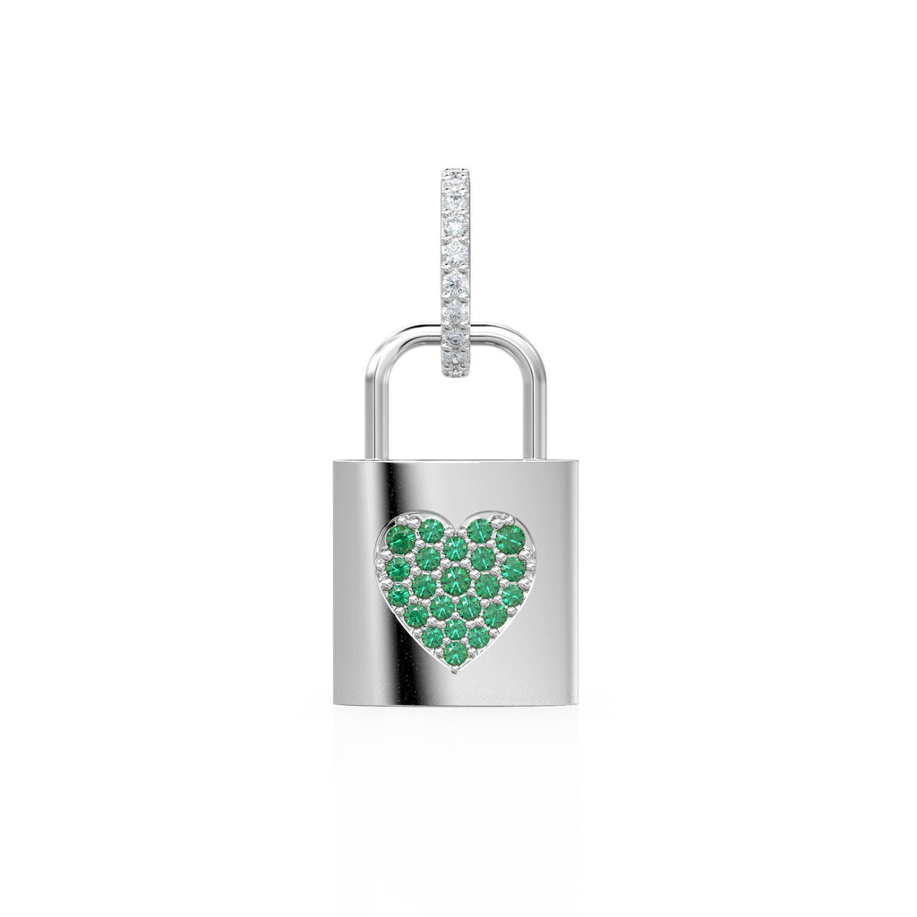 18k Solid Gold Emerald Heart Padlock Charm Pendant, Pavé Lock Pendant Heart Design, Luxury Gold Emerald Jewelry for Necklace or Bracelet May