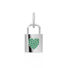 Load image into Gallery viewer, 18k Solid Gold Emerald Heart Padlock Charm Pendant, Pavé Lock Pendant Heart Design, Luxury Gold Emerald Jewelry for Necklace or Bracelet May