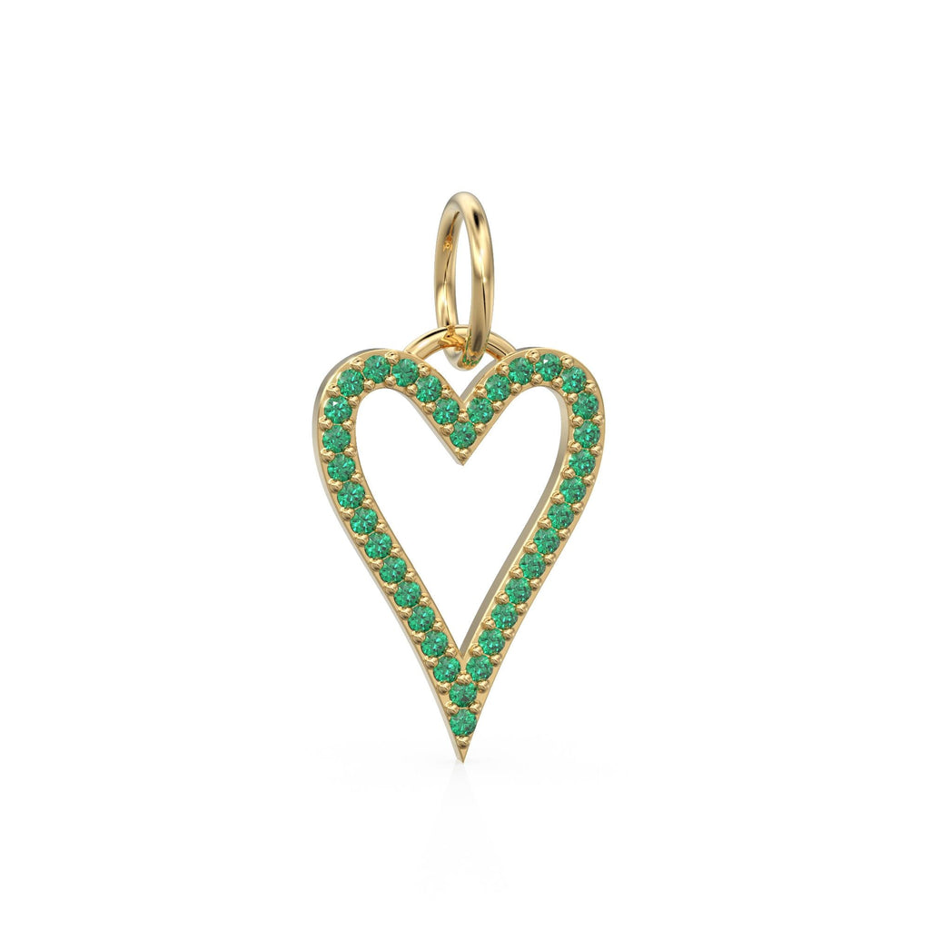 14K Solid Gold Heart Pendant With Natural Emeralds, Open Outline Charm, Dainty Gemstone Jewelry, May Birthstone, Anniversary Gift For Her