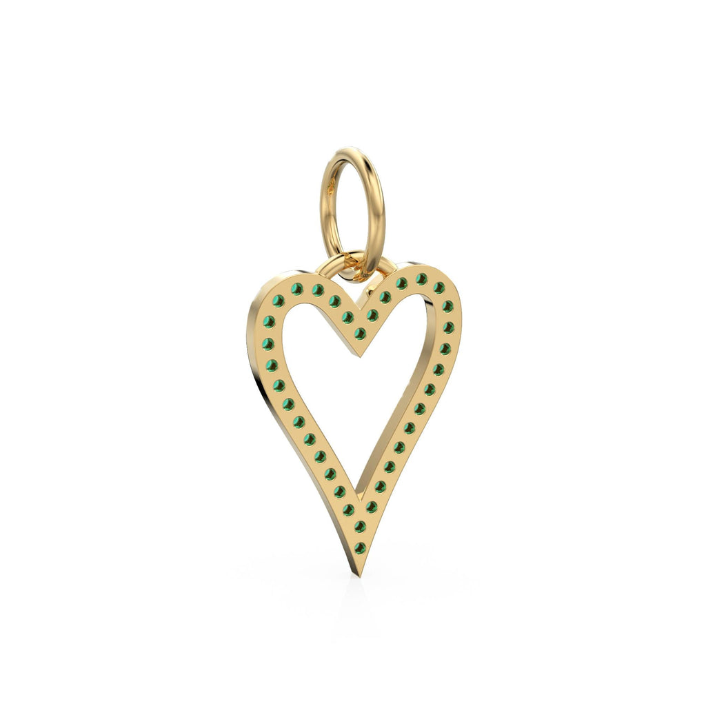 14K Solid Gold Heart Pendant With Natural Emeralds, Open Outline Charm, Dainty Gemstone Jewelry, May Birthstone, Anniversary Gift For Her