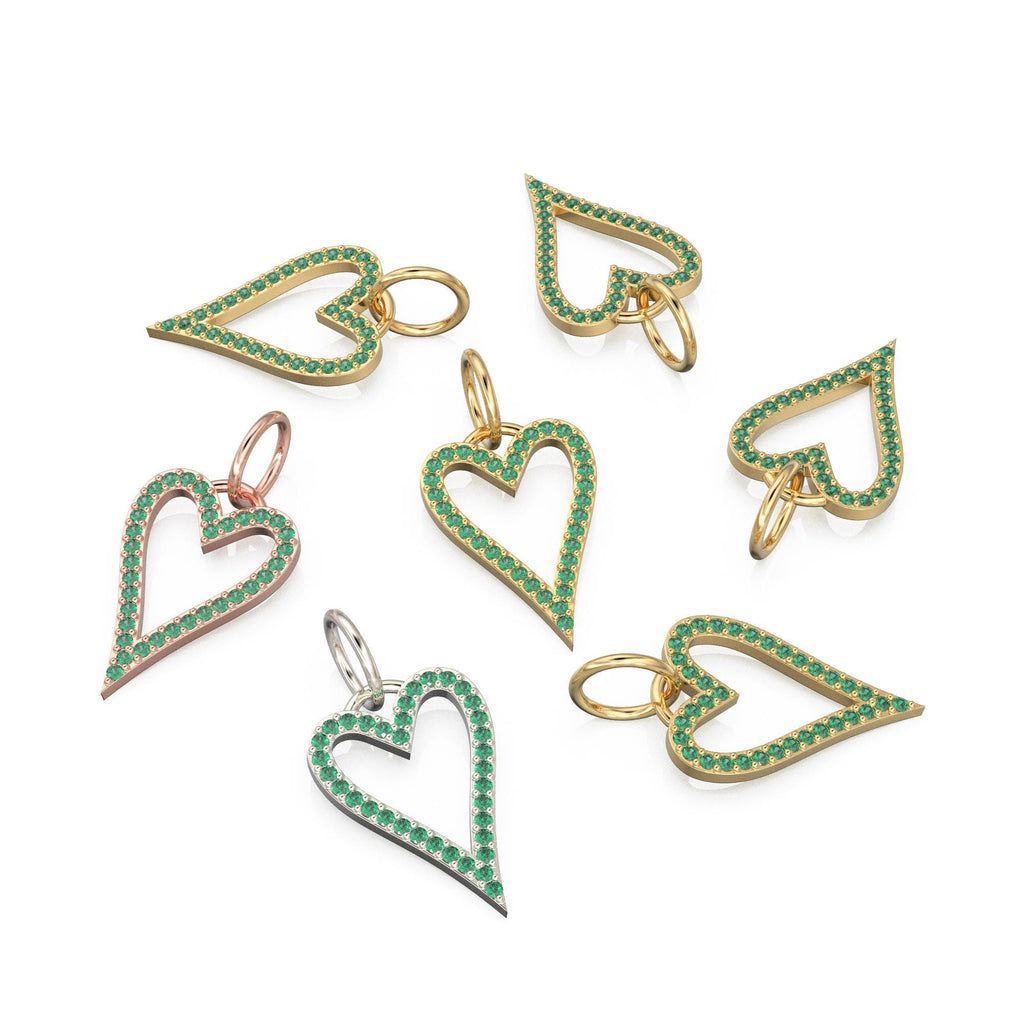 14K Solid Gold Heart Pendant With Natural Emeralds, Open Outline Charm, Dainty Gemstone Jewelry, May Birthstone, Anniversary Gift For Her