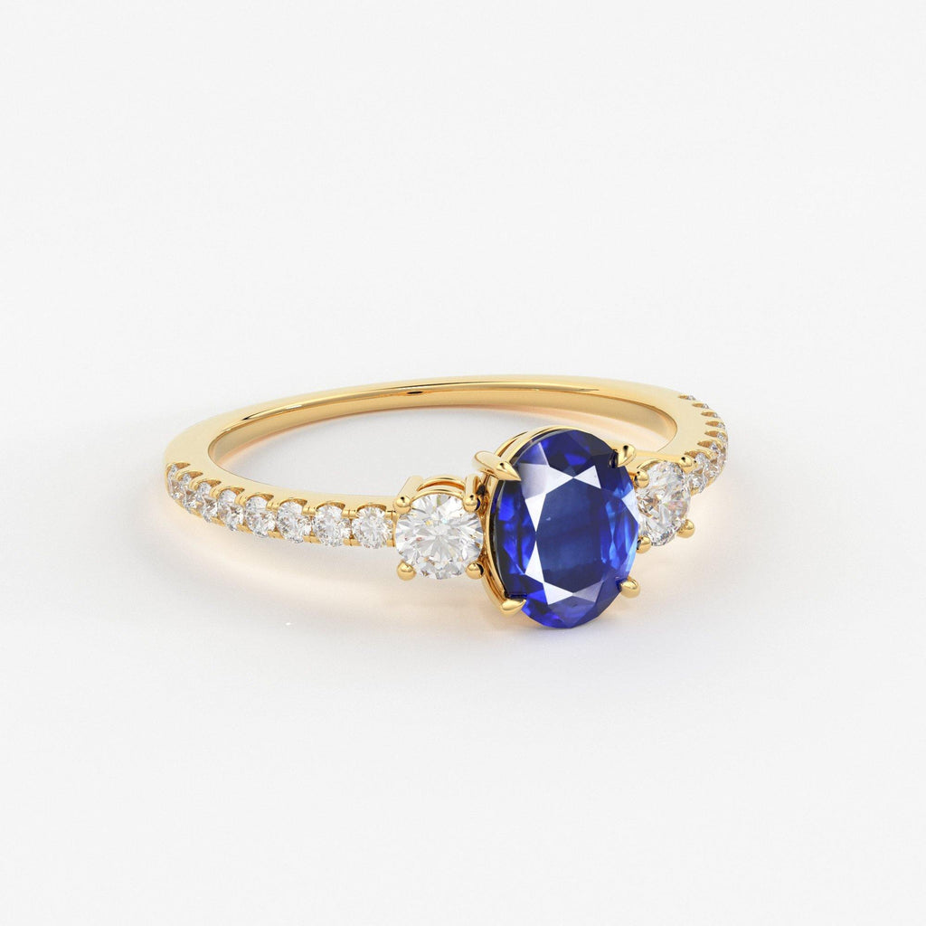 1.00 Carat Oval Blue Sapphire Engagement Ring / Handmade White Gold Sapphire Ring / Three Stone Ring / Ceylon Sapphire Diamond Cocktail Ring - Jalvi & Co.