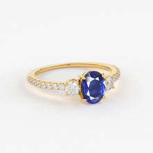 Load image into Gallery viewer, 1.00 Carat Oval Blue Sapphire Engagement Ring / Handmade White Gold Sapphire Ring / Three Stone Ring / Ceylon Sapphire Diamond Cocktail Ring - Jalvi &amp; Co.