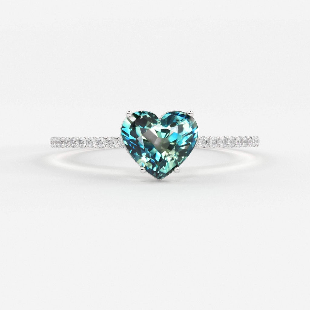 1.02 Carat Heart Green Blue Sapphire Engagement Ring / Sapphire Cocktail Ring / White Gold Anniversary Ring / Sapphire Diamond Proposal Ring - Jalvi & Co.