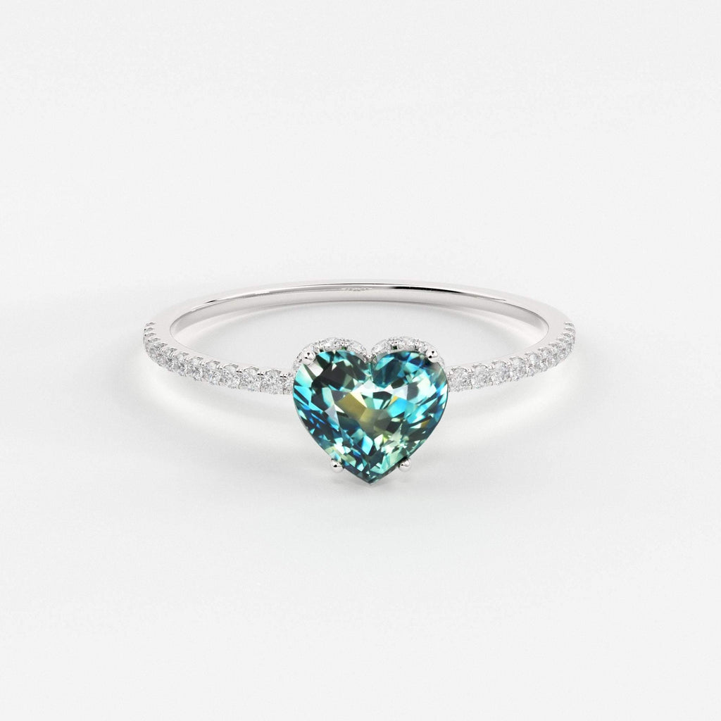 1.02 Carat Heart Green Blue Sapphire Engagement Ring / Sapphire Cocktail Ring / White Gold Anniversary Ring / Sapphire Diamond Proposal Ring - Jalvi & Co.
