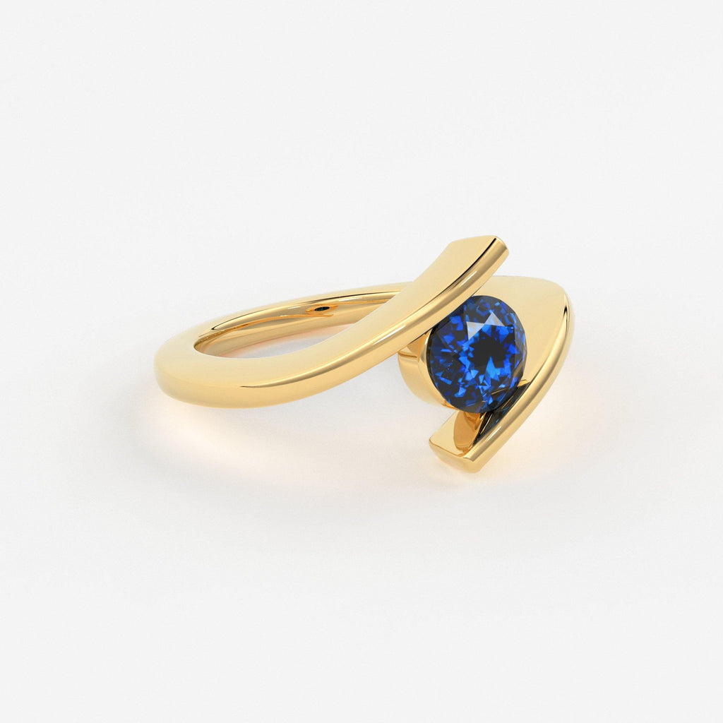 1 Carat+ Round Blue Sapphire Engagement Ring / Tension Set Sapphire Ring / Bypass Solitaire Ring / Unheated Sapphire Gemstone 18K Gold Ring - Jalvi & Co.