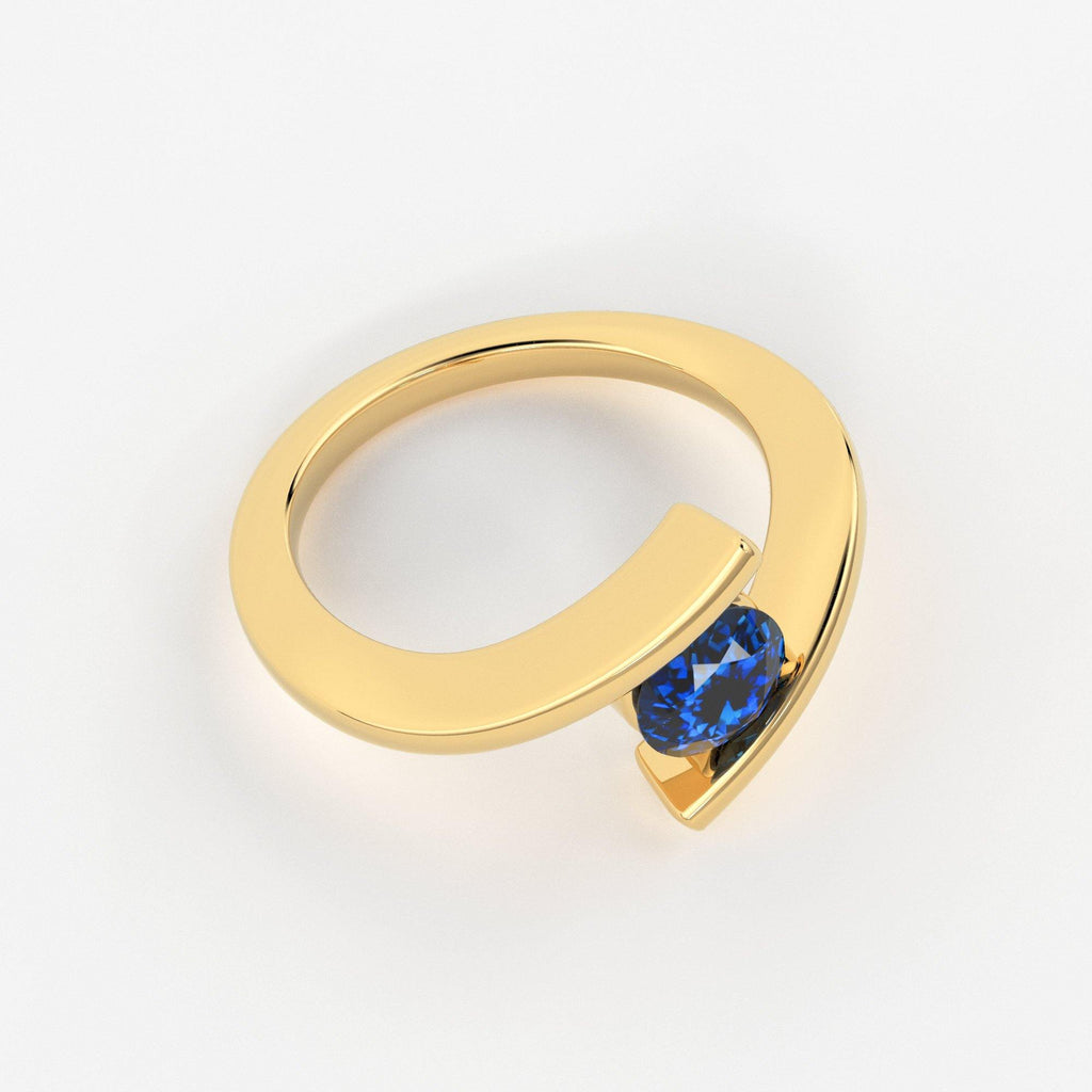 1 Carat+ Round Blue Sapphire Engagement Ring / Tension Set Sapphire Ring / Bypass Solitaire Ring / Unheated Sapphire Gemstone 18K Gold Ring - Jalvi & Co.