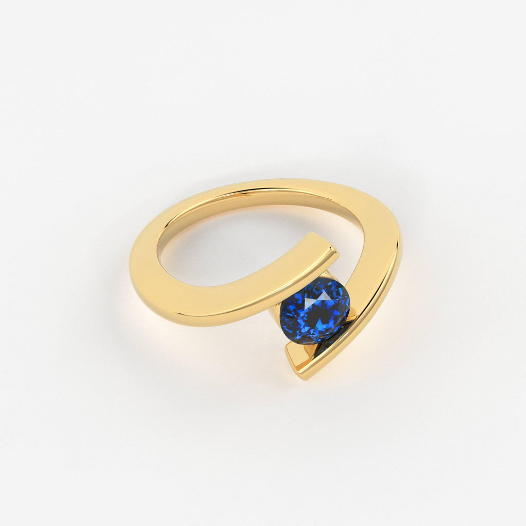 1 Carat+ Round Blue Sapphire Engagement Ring / Tension Set Sapphire Ring / Bypass Solitaire Ring / Unheated Sapphire Gemstone 18K Gold Ring - Jalvi & Co.