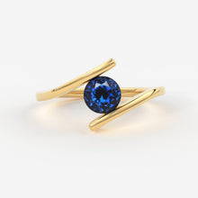 Load image into Gallery viewer, 1 Carat+ Round Blue Sapphire Engagement Ring / Tension Set Sapphire Ring / Bypass Solitaire Ring / Unheated Sapphire Gemstone 18K Gold Ring - Jalvi & Co.
