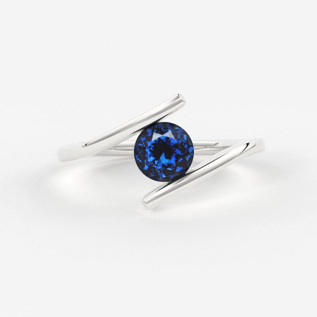 1 Carat+ Round Blue Sapphire Engagement Ring / Tension Set Sapphire Ring / Bypass Solitaire Ring / Unheated Sapphire Gemstone 18K Gold Ring - Jalvi & Co.