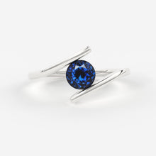 Load image into Gallery viewer, 1 Carat+ Round Blue Sapphire Engagement Ring / Tension Set Sapphire Ring / Bypass Solitaire Ring / Unheated Sapphire Gemstone 18K Gold Ring - Jalvi & Co.
