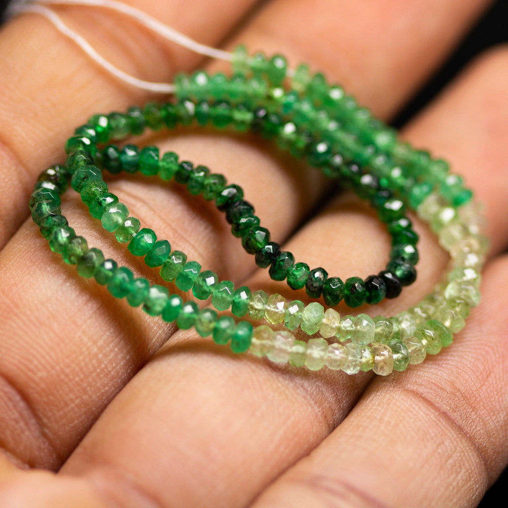 10 inches, 3-4mm, Natural Shaded Green Emerald Faceted Rondelle Shape Beads, Emerald Beads - Jalvi & Co.