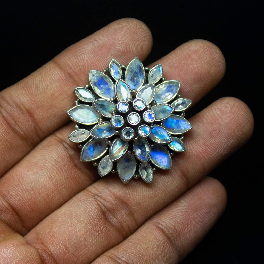 136g, 925 Sterling Silver, Rainbow Moonstone Floral Cocktail Ring, Earrings and Bracelet Jewelry Set - Jalvi & Co.