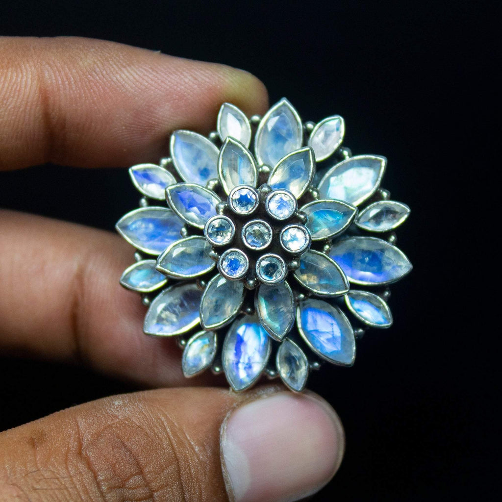 136g, 925 Sterling Silver, Rainbow Moonstone Floral Cocktail Ring, Earrings and Bracelet Jewelry Set - Jalvi & Co.