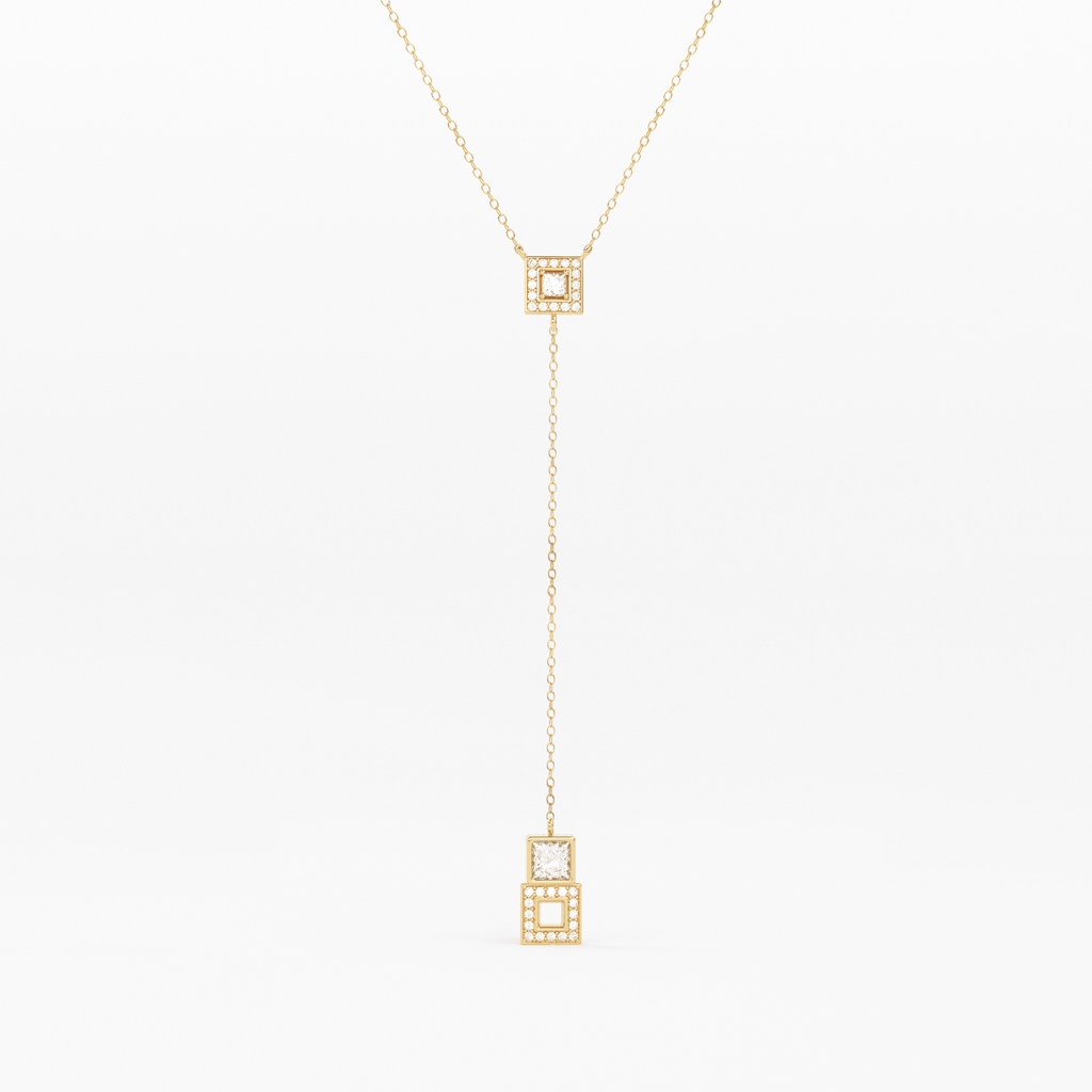 14k Diamond Lariat Necklace / Diamond Y Necklace / Solid Gold Pave Necklace / Layering Necklace / Mosaic Diamond Pendant - Jalvi & Co.