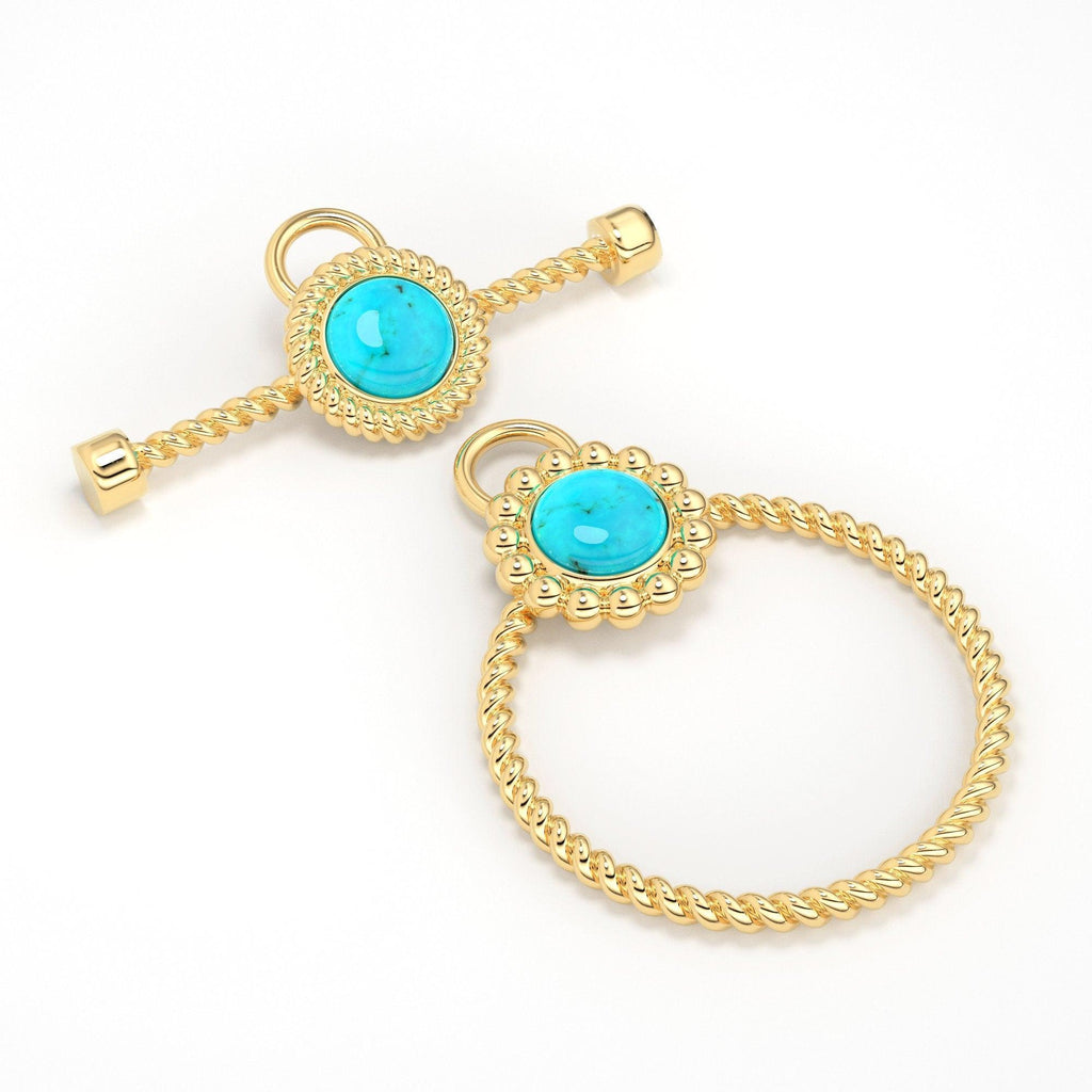18k Solid Yellow Gold Circle Twisted Wire Toggle Clasp Finding With Diamond / Sleeping Beauty Turquoise Bezel - Jalvi & Co.
