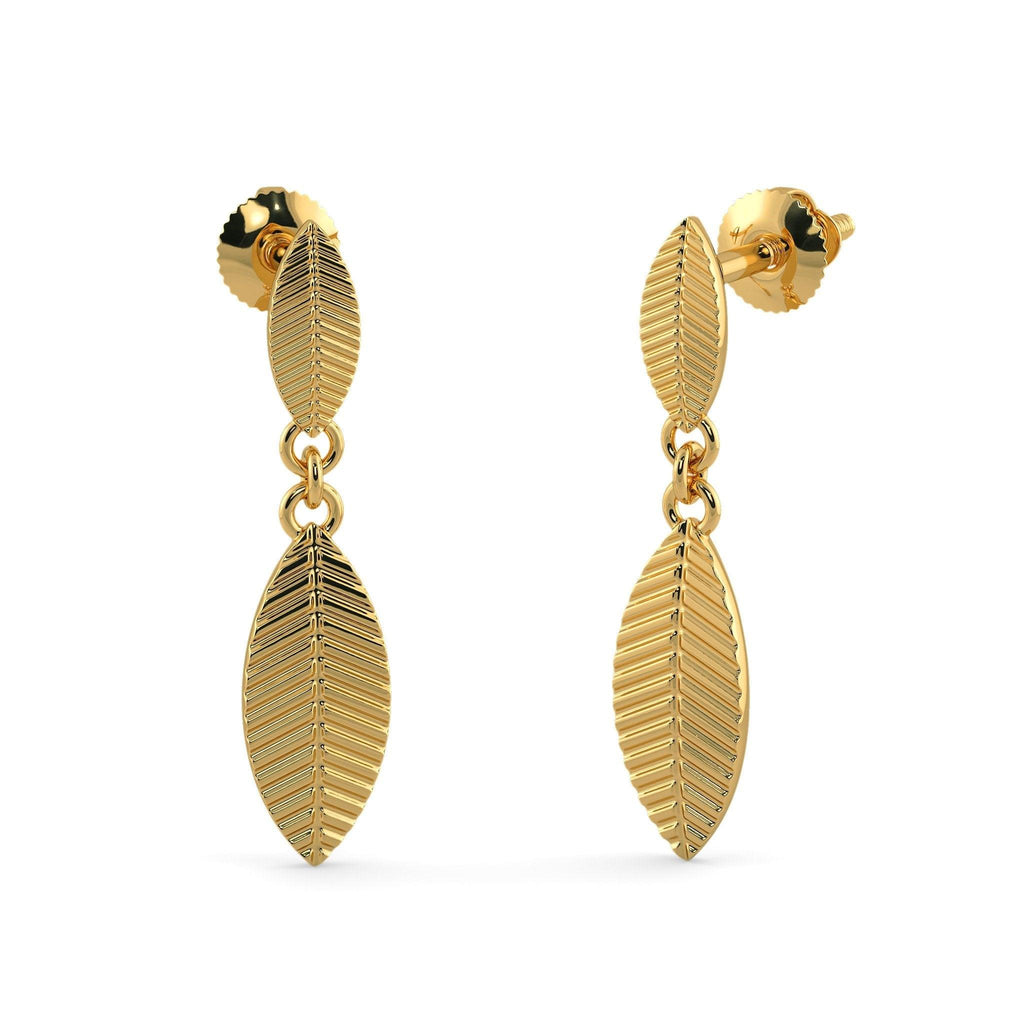 18k Solid Yellow Gold Handmade Leaf Drop Earrings, Leaf Earrings, Gold Earrings - Jalvi & Co.