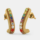 18k Solid Yellow Gold Handmade Navratna Gemstone Hoop Earrings, Navratna Earrings, Nine Gemstone Earrings, Gemstone Earrings