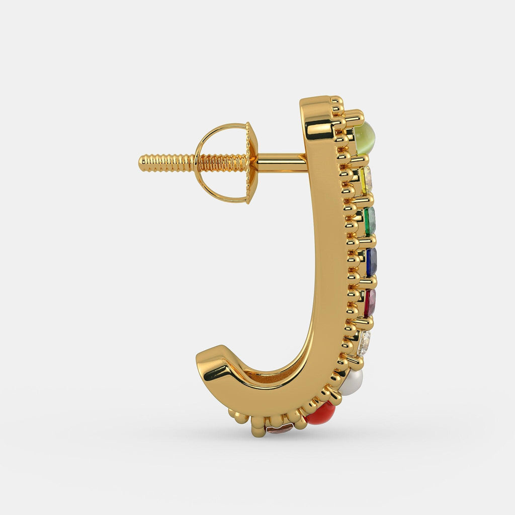 18k Solid Yellow Gold Handmade Navratna Gemstone Hoop Earrings, Navratna Earrings, Nine Gemstone Earrings, Gemstone Earrings - Jalvi & Co.