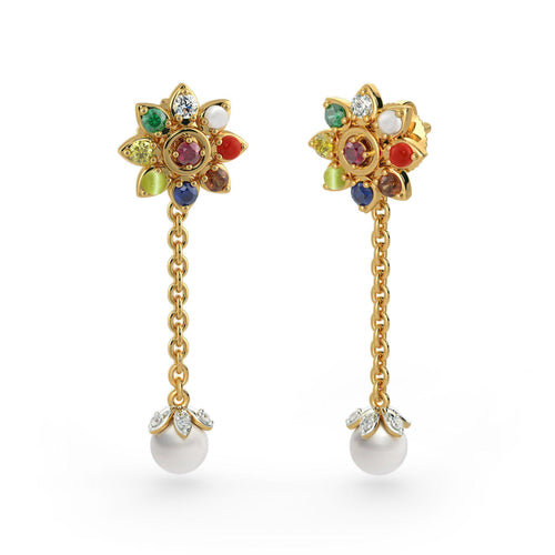 18k Solid Yellow Gold Handmade Navratna White Pearl Earrings, Navratna Earrings, Nine Gemstone Earrings, Gemstone Earrings - Jalvi & Co.