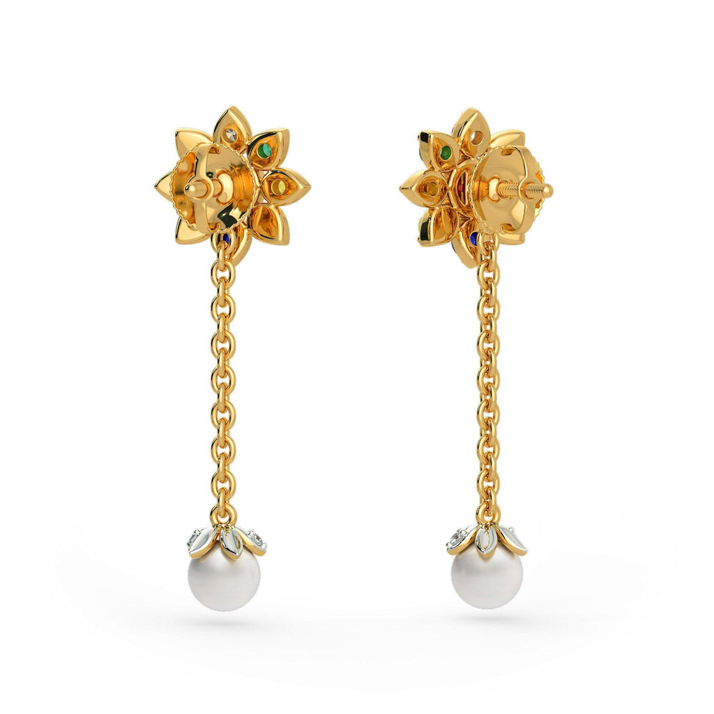18k Solid Yellow Gold Handmade Navratna White Pearl Earrings, Navratna Earrings, Nine Gemstone Earrings, Gemstone Earrings - Jalvi & Co.