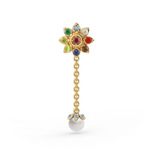 Load image into Gallery viewer, 18k Solid Yellow Gold Handmade Navratna White Pearl Earrings, Navratna Earrings, Nine Gemstone Earrings, Gemstone Earrings - Jalvi & Co.