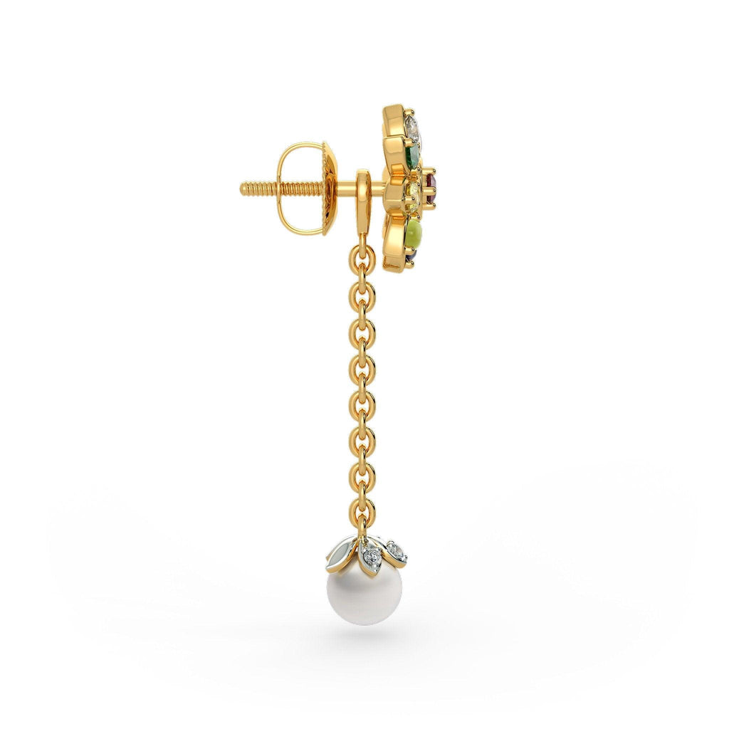 18k Solid Yellow Gold Handmade Navratna White Pearl Earrings, Navratna Earrings, Nine Gemstone Earrings, Gemstone Earrings - Jalvi & Co.
