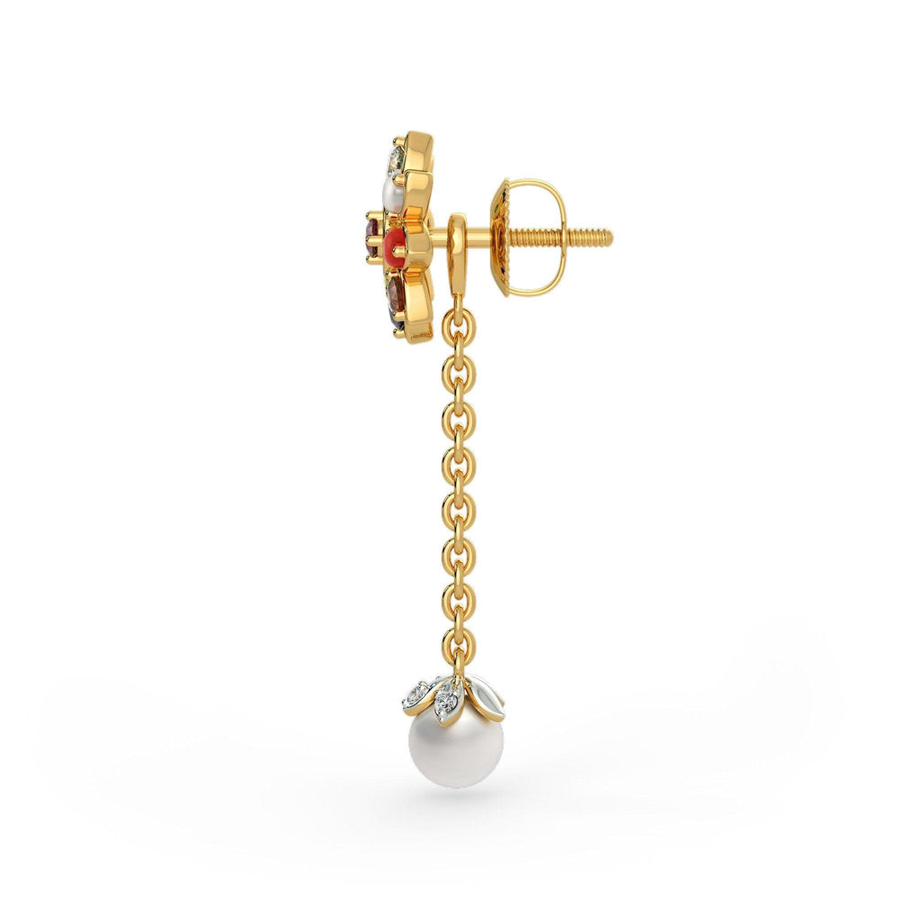 18k Solid Yellow Gold Handmade Navratna White Pearl Earrings, Navratna Earrings, Nine Gemstone Earrings, Gemstone Earrings - Jalvi & Co.