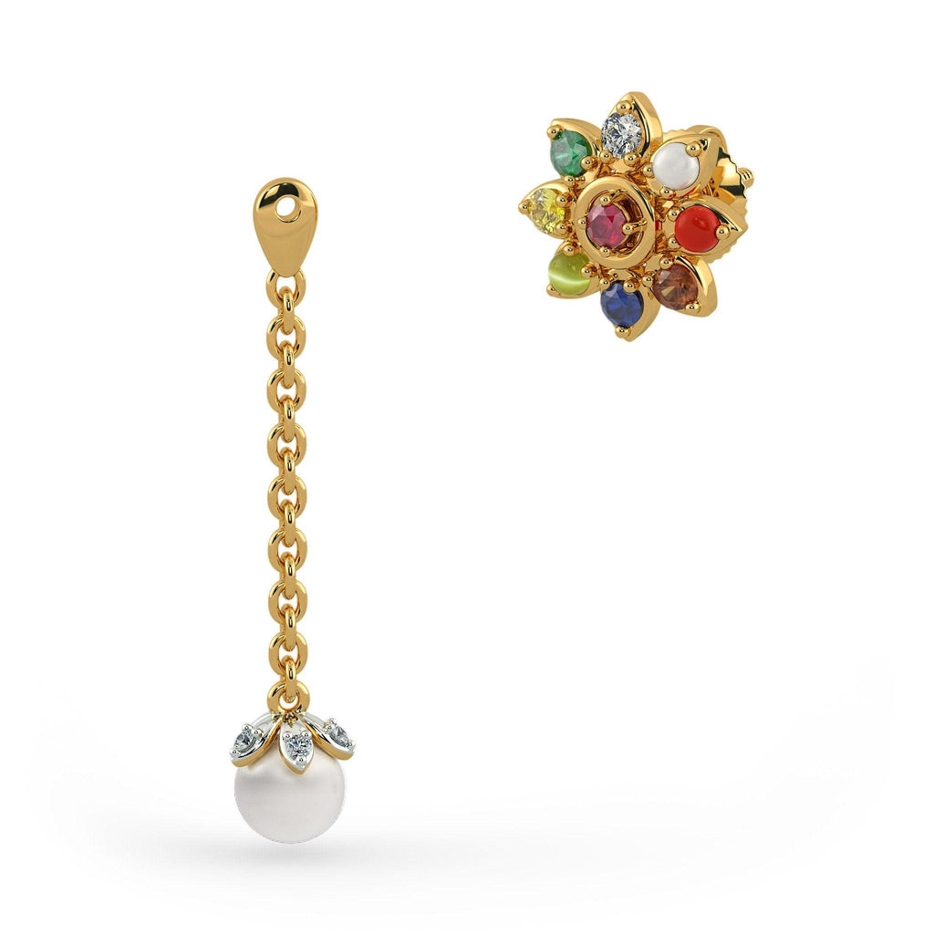 18k Solid Yellow Gold Handmade Navratna White Pearl Earrings, Navratna Earrings, Nine Gemstone Earrings, Gemstone Earrings - Jalvi & Co.